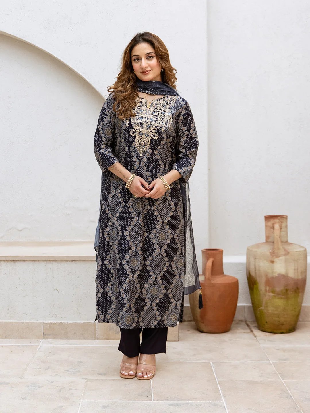 ISHIN Women BLUE MODAL MUSLIN 3pcs kurta set