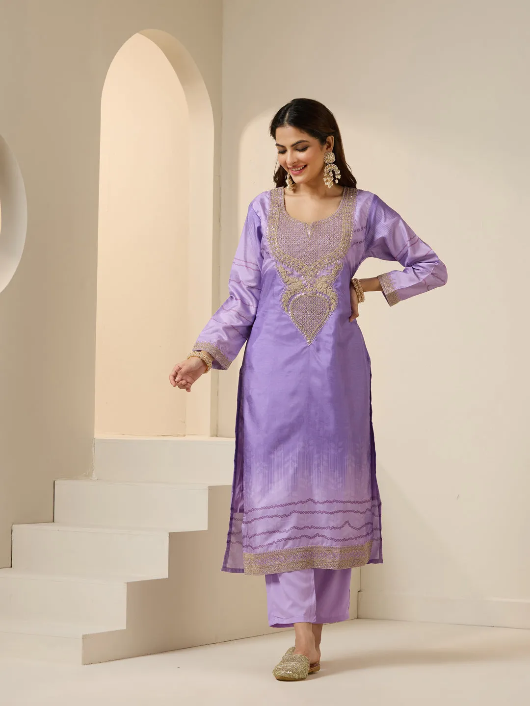 ISHIN Women lilac Polyester Chinon 3pcs kurta set