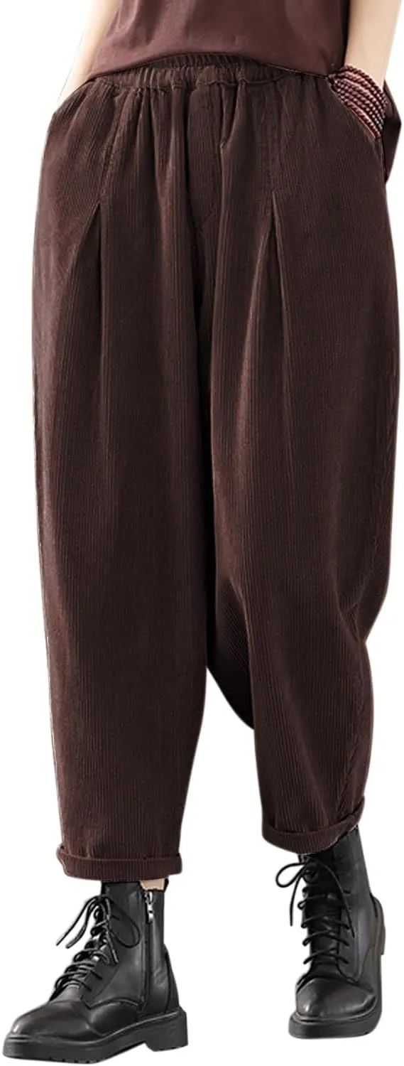 IXIMO Women's Baggy Cropped Corduroy Pants Casual Wide Leg Elastic Waist Pleated Harem Trousers