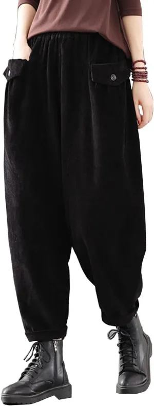 IXIMO Women's Cropped Corduroy Pants Casual Comfy Elastic Waist Cotton Trouser Front Pockets