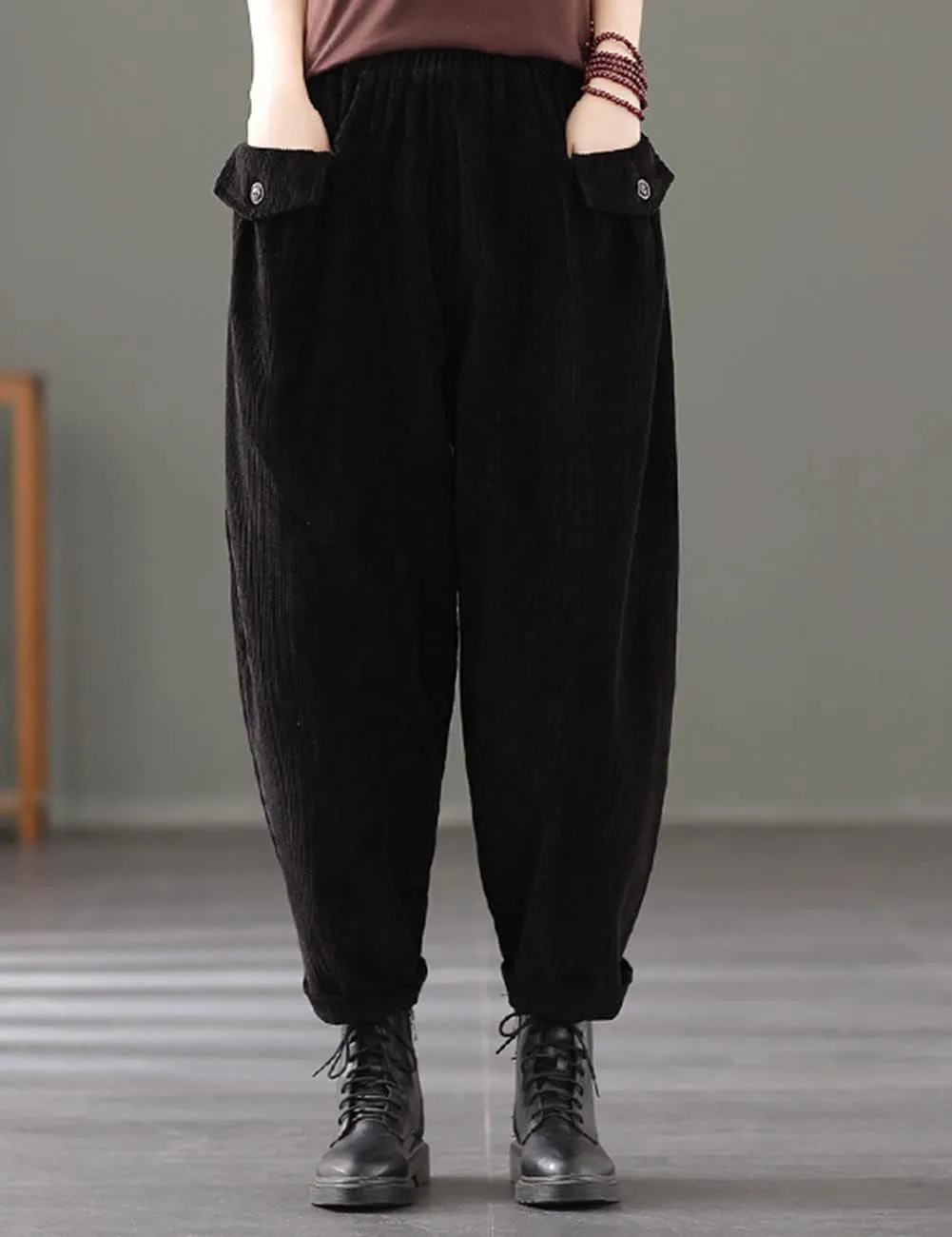 IXIMO Women's Cropped Corduroy Pants Casual Comfy Elastic Waist Cotton Trouser Front Pockets