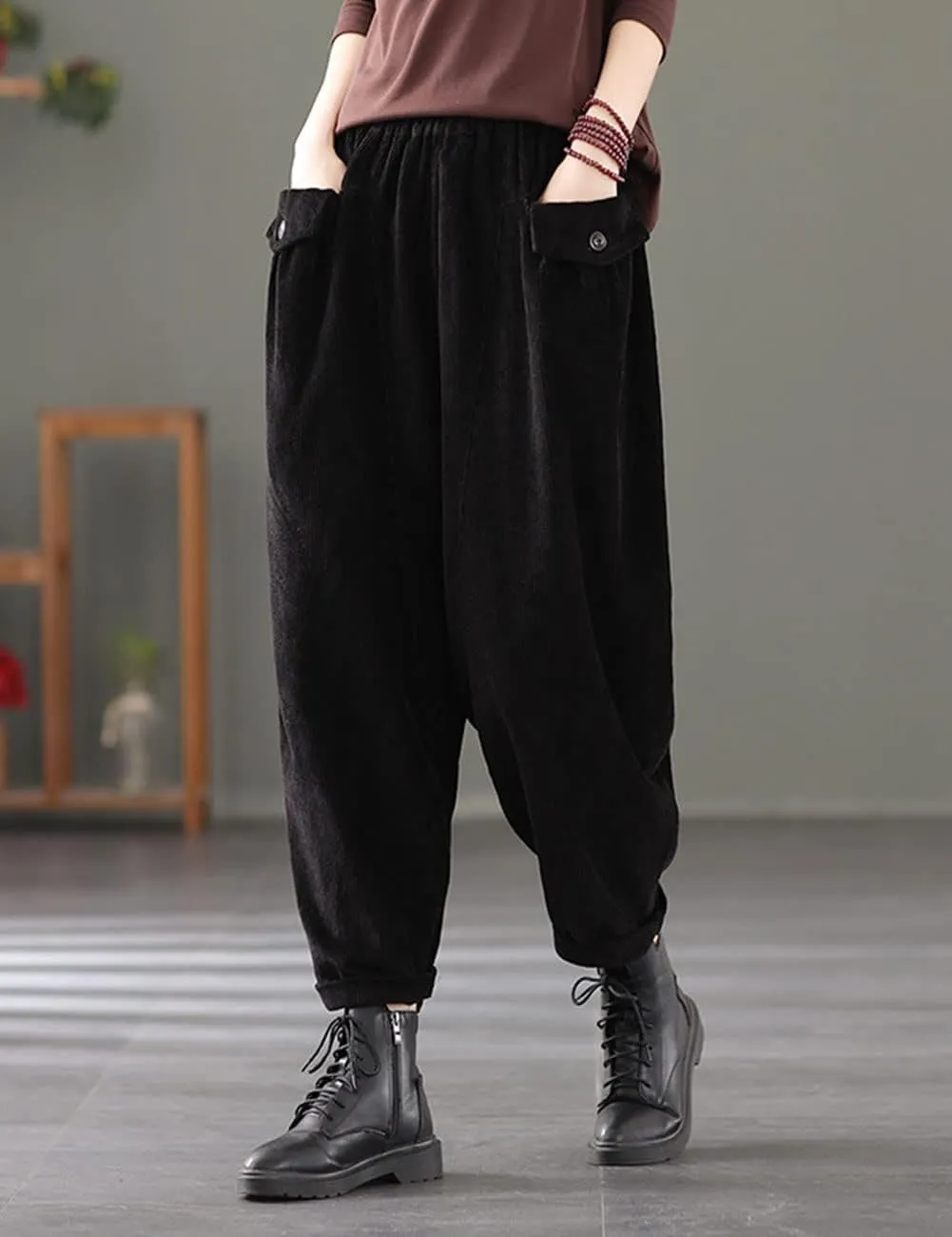 IXIMO Women's Cropped Corduroy Pants Casual Comfy Elastic Waist Cotton Trouser Front Pockets