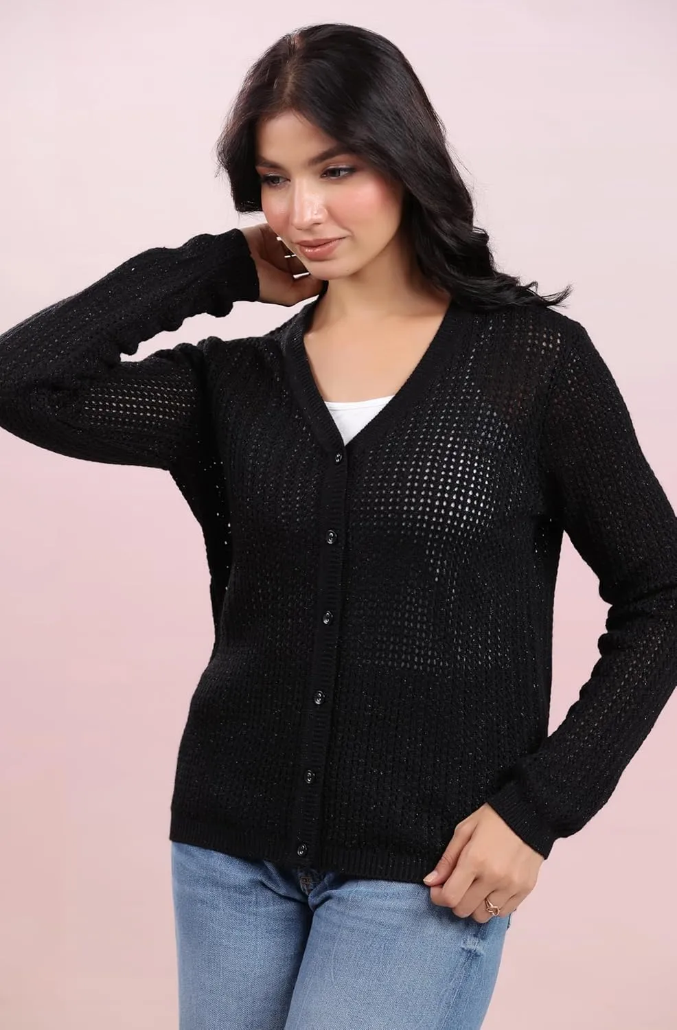 Janasya Cardigan Sweaters for Women Round Neck Button Down Long Sleeve Winter wear Cardigan Sweater Tops