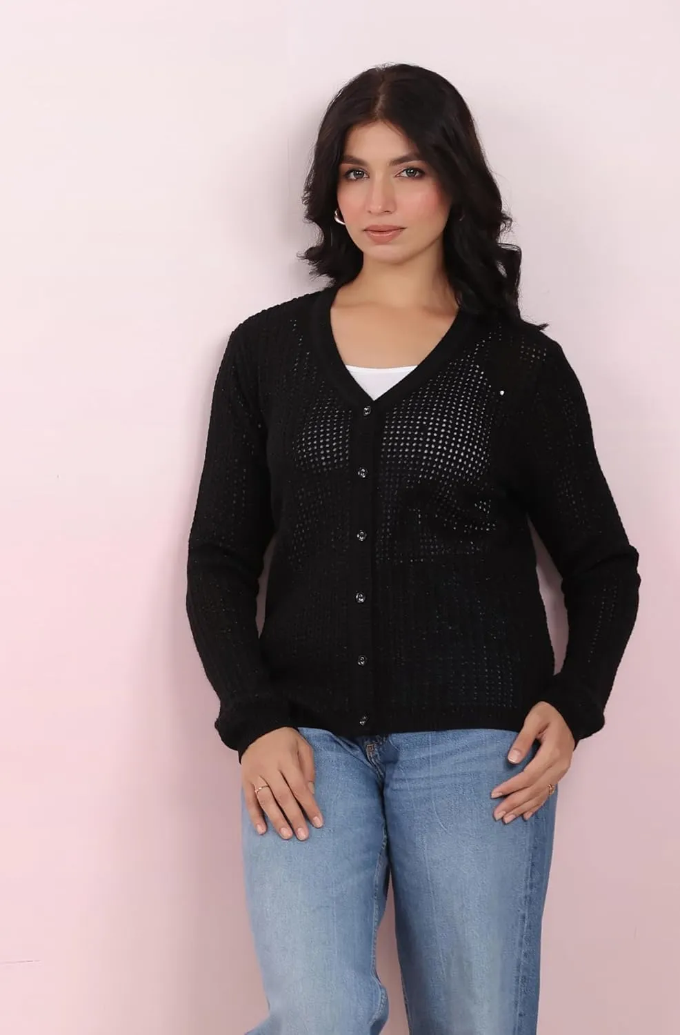 Janasya Cardigan Sweaters for Women Round Neck Button Down Long Sleeve Winter wear Cardigan Sweater Tops