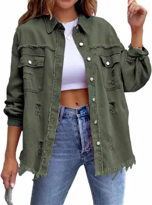 Jean Jacket for Women fashion Denim Ripped Distressed Jacker for Womens Coat Long Sleeve