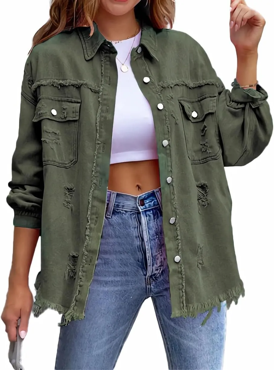 Jean Jacket for Women fashion Denim Ripped Distressed Jacker for Womens Coat Long Sleeve