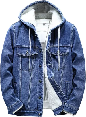 JEKE-DG Hoodie Jean Jacket for Men Long Sleeve Slim Fit Casual Denim Jacket Distressed Trucker Outwear with Hood