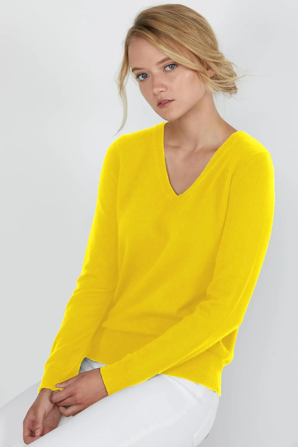 JENNIE LIU Women's 100% Pure Cashmere Long Sleeve Pullover V Neck Sweater