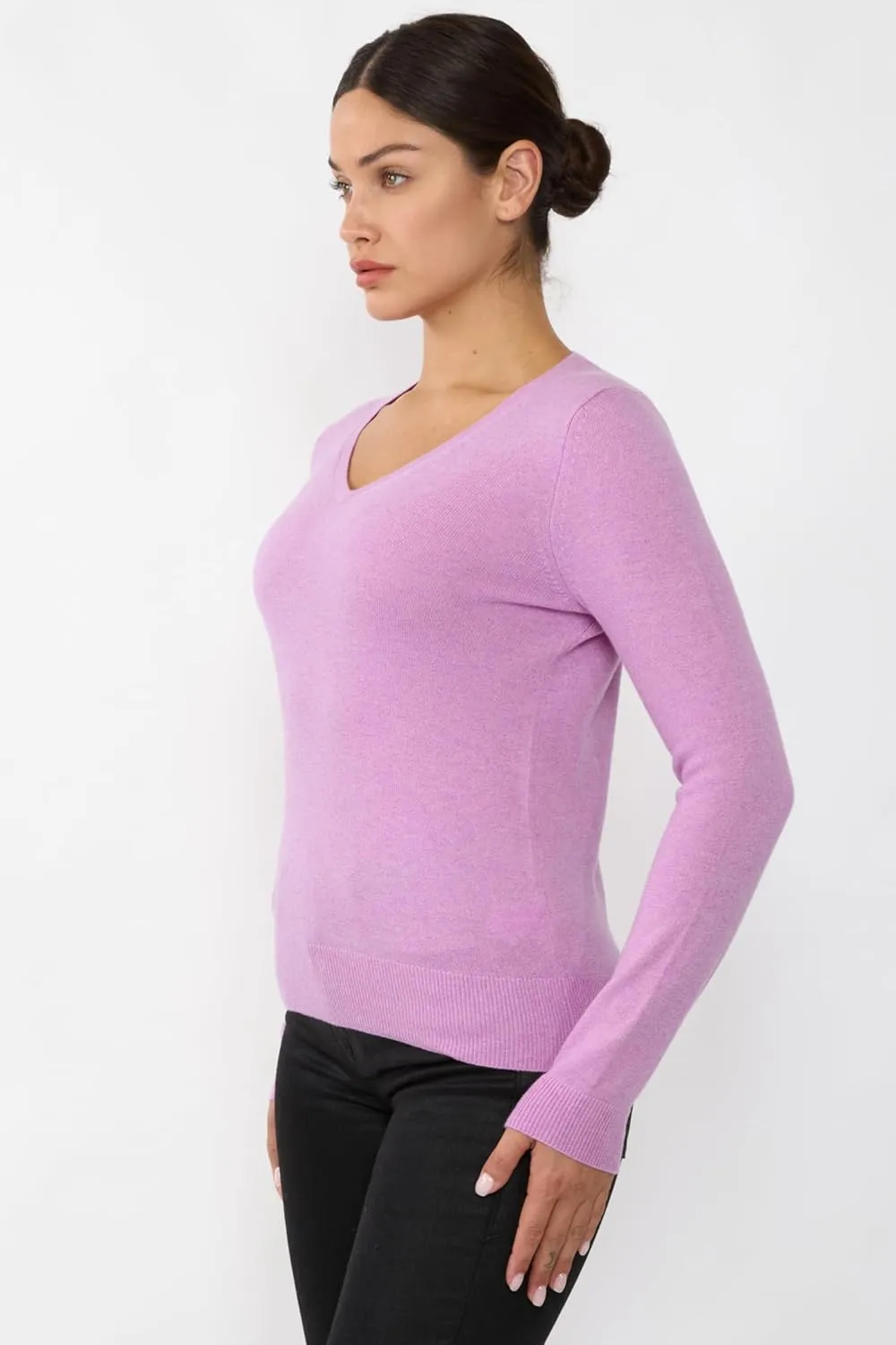 JENNIE LIU Women's 100% Pure Cashmere Long Sleeve Pullover V Neck Sweater