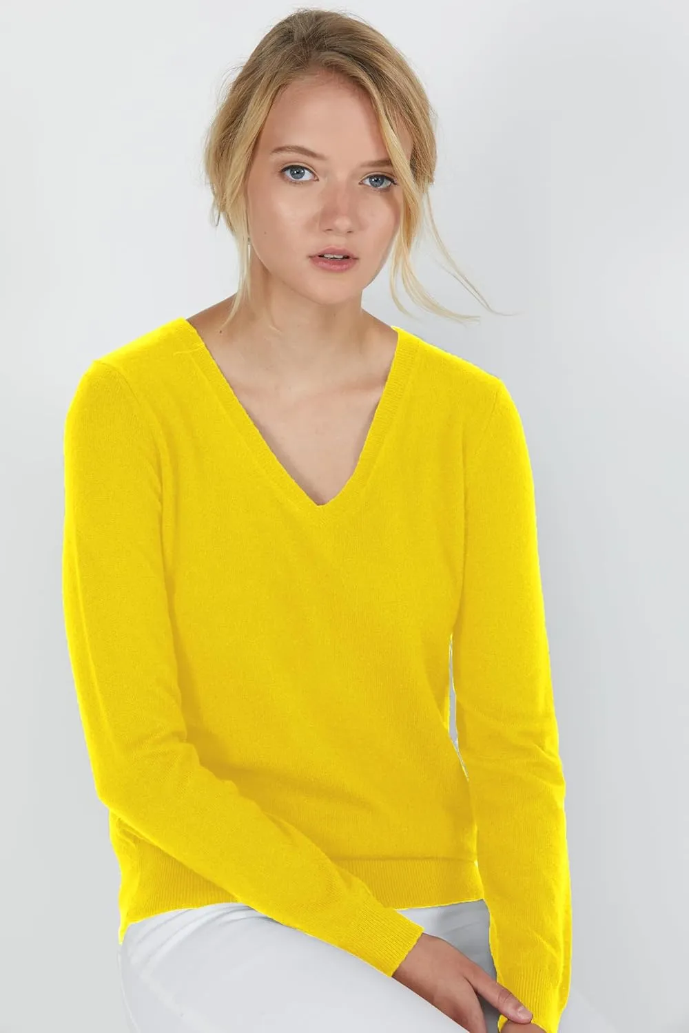 JENNIE LIU Women's 100% Pure Cashmere Long Sleeve Pullover V Neck Sweater