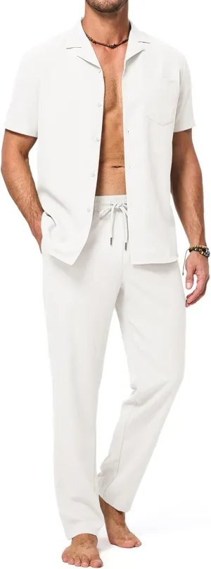 JMIERR Men 2 Piece Beach Vacation Outfit Pants Set Summer Cool Short Sleeve Casual Shirts