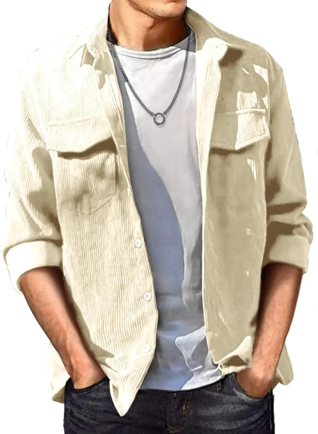 JMIERR Men's Corduroy Button Down Shirts Casual Long Sleeve Shacket Jacket with Flap Pockets