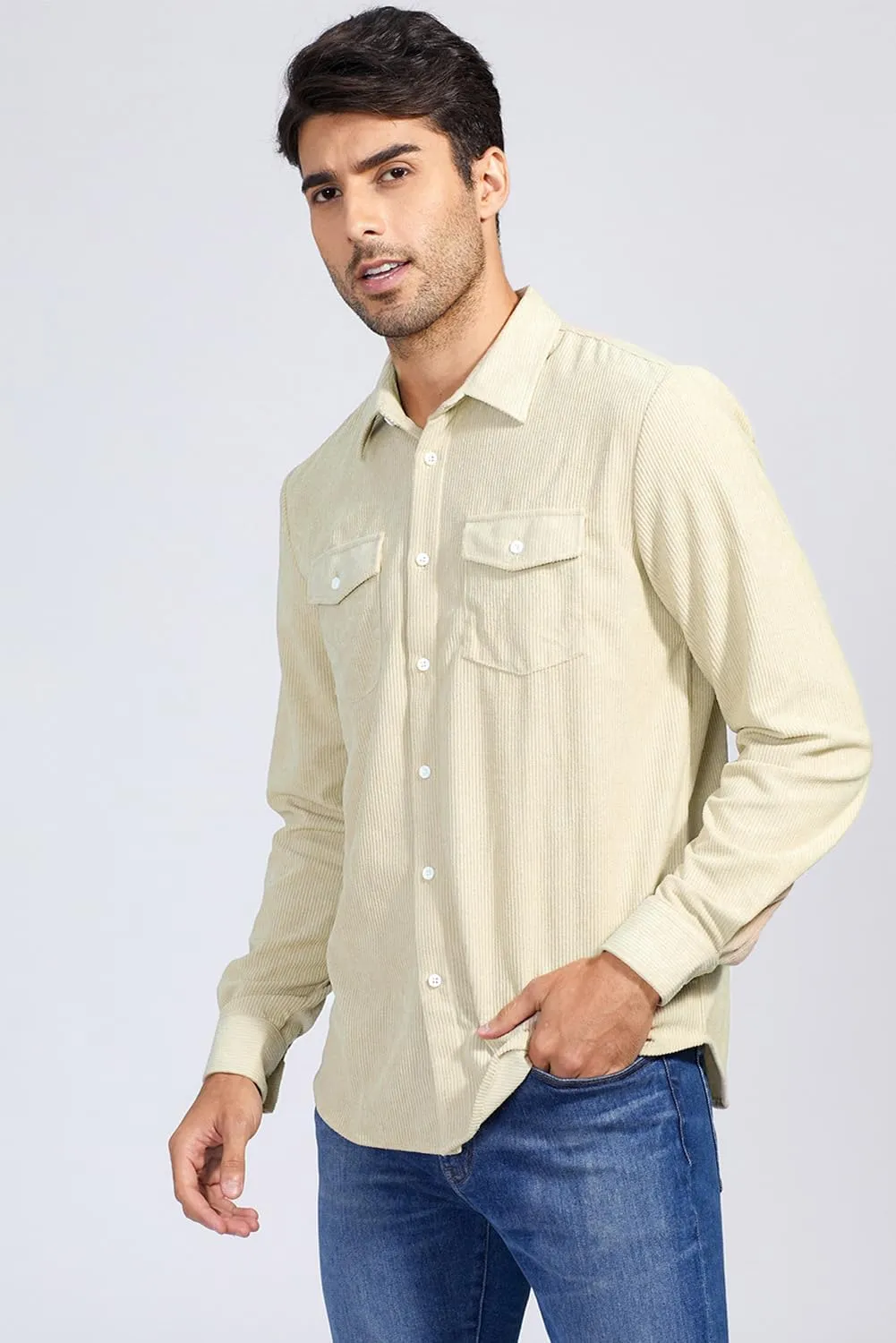 JMIERR Men's Corduroy Button Down Shirts Casual Long Sleeve Shacket Jacket with Flap Pockets