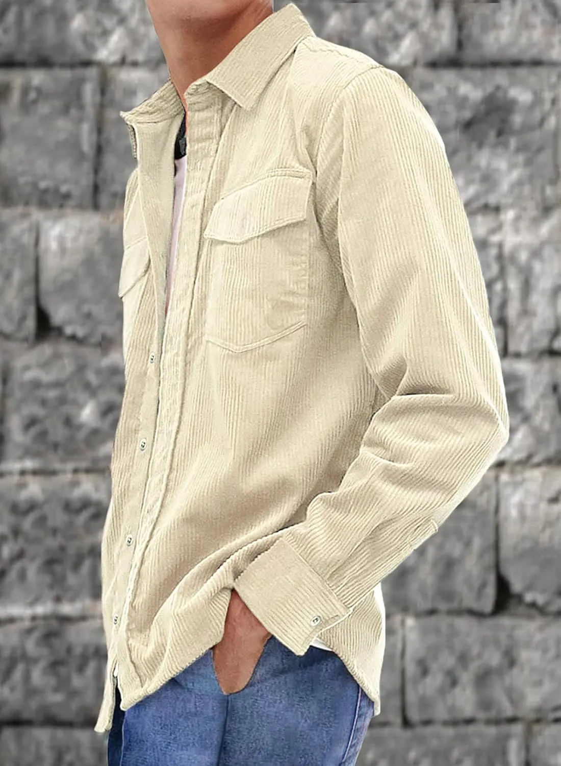 JMIERR Men's Corduroy Button Down Shirts Casual Long Sleeve Shacket Jacket with Flap Pockets