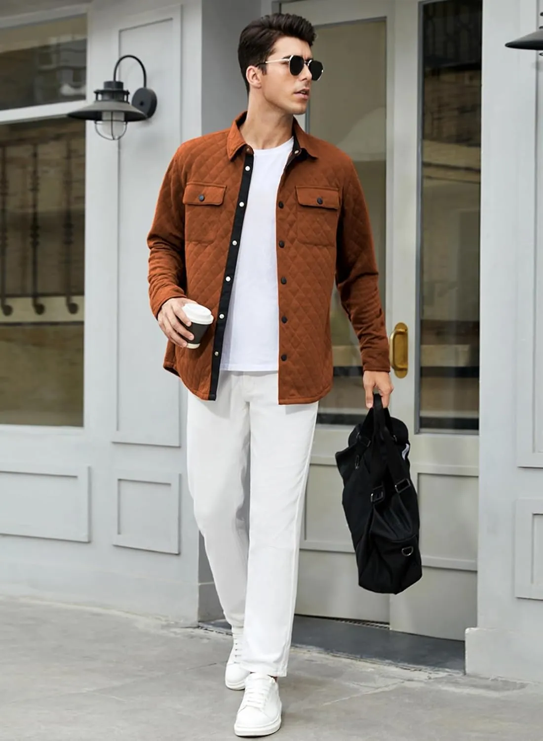 JMIERR Mens Quilted Shirt Jackets Casual Long Sleeve Snap Button Down Shirts with Pockets