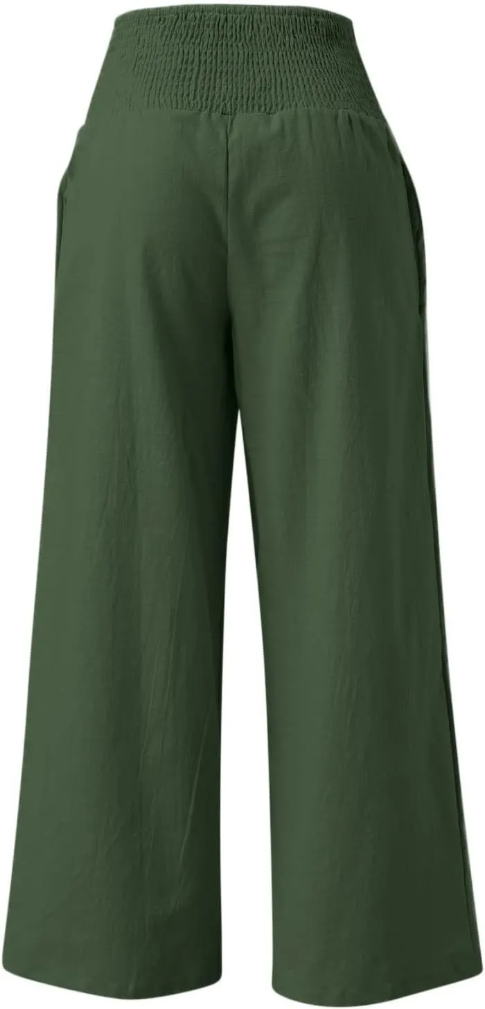 JOYO Womens Cotton Linen Straight Trousers High Waist Casual Wide Leg Long Palazzo Pants Work Casual Flowy Dress Pants