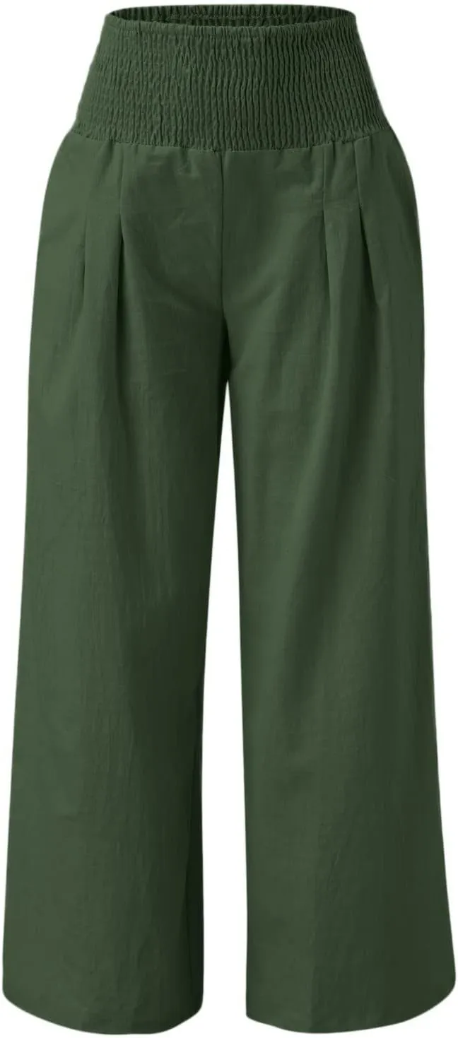 JOYO Womens Cotton Linen Straight Trousers High Waist Casual Wide Leg Long Palazzo Pants Work Casual Flowy Dress Pants