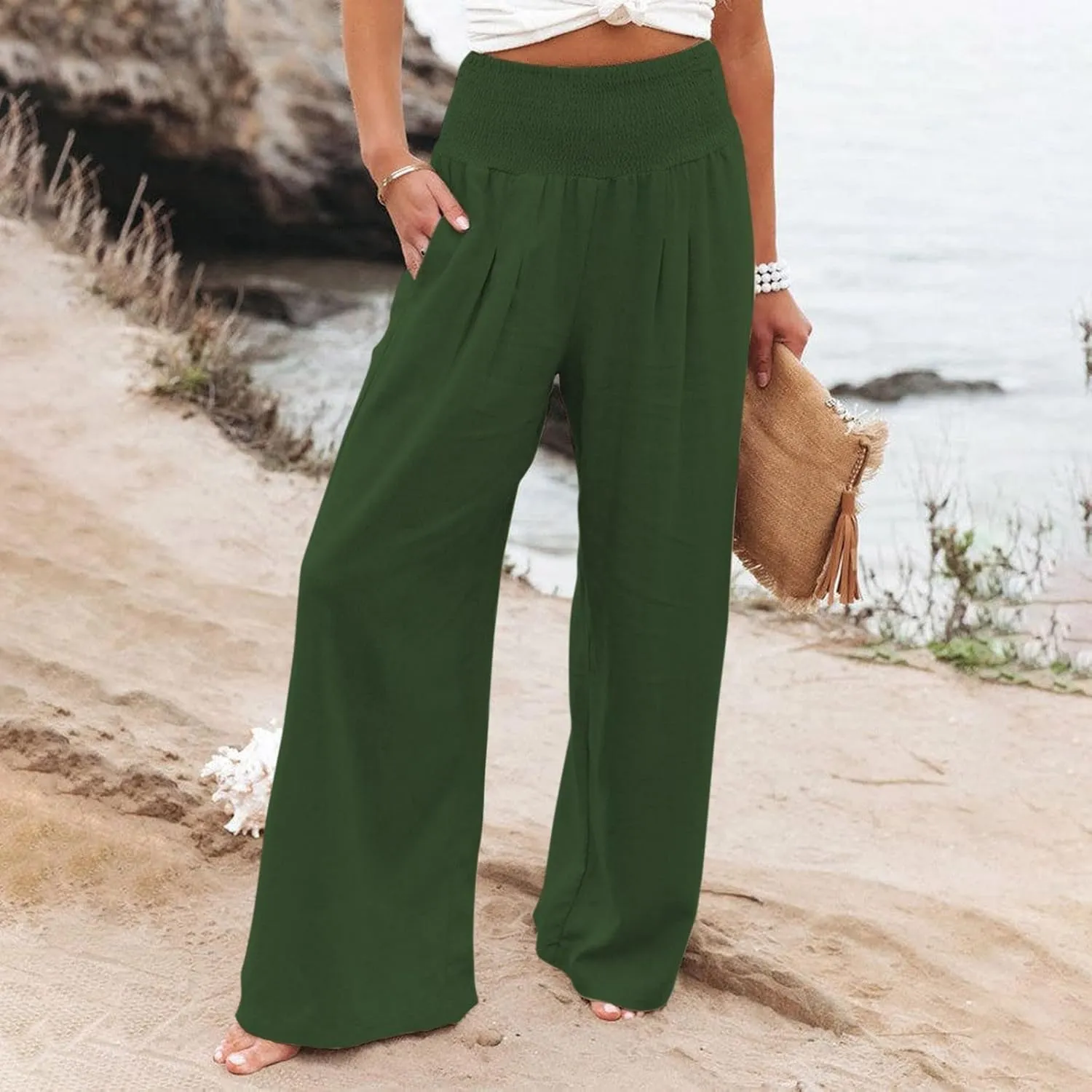 JOYO Womens Cotton Linen Straight Trousers High Waist Casual Wide Leg Long Palazzo Pants Work Casual Flowy Dress Pants