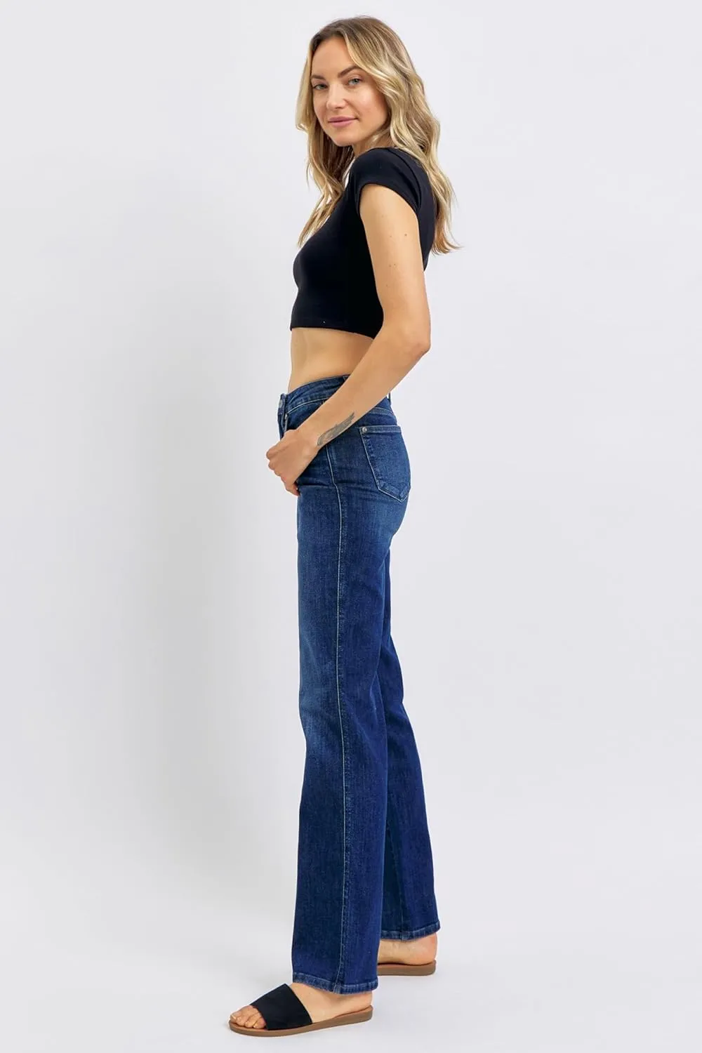 Judy Blue Women's Mid Rise Tummy Control Straight Jeans, Stretch Denim Comfort Fit for Everyday Wear - 88861