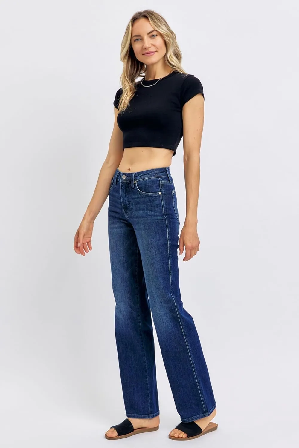 Judy Blue Women's Mid Rise Tummy Control Straight Jeans, Stretch Denim Comfort Fit for Everyday Wear - 88861