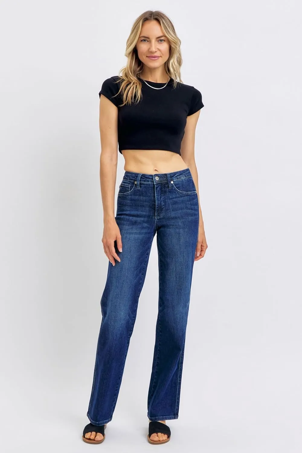 Judy Blue Women's Mid Rise Tummy Control Straight Jeans, Stretch Denim Comfort Fit for Everyday Wear - 88861