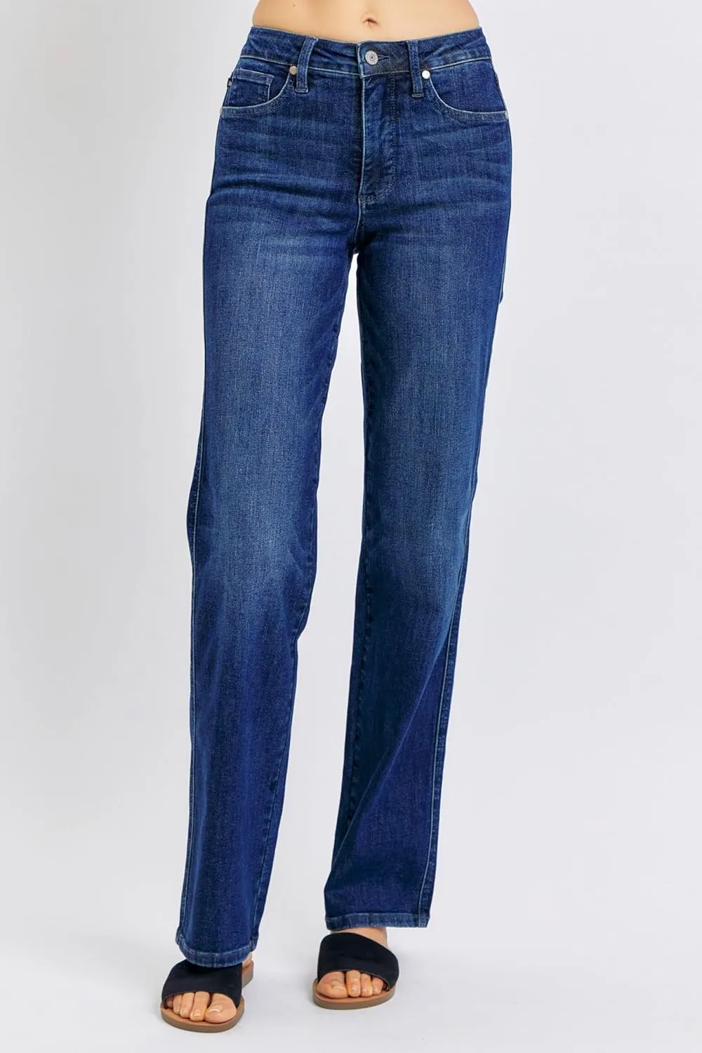 Judy Blue Women's Mid Rise Tummy Control Straight Jeans, Stretch Denim Comfort Fit for Everyday Wear - 88861