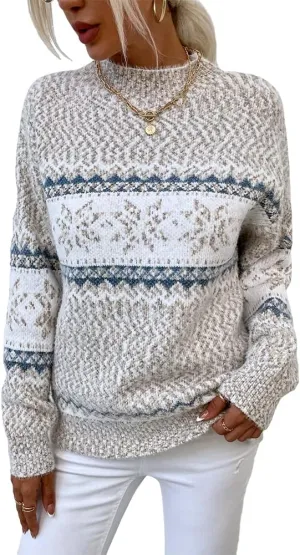JUNBOON Womens Casual Leopard Print Knitted Pullover Sweaters Long Sleeve Crew Neck Jumper Tops