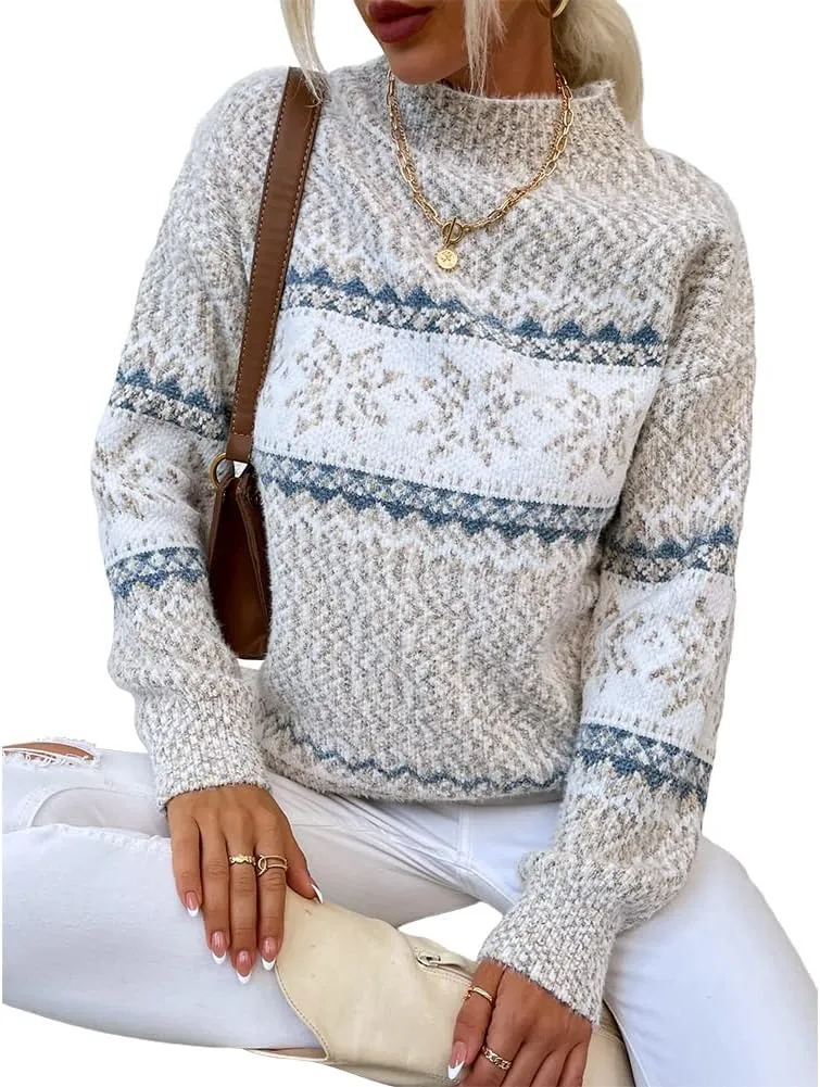 JUNBOON Womens Casual Leopard Print Knitted Pullover Sweaters Long Sleeve Crew Neck Jumper Tops