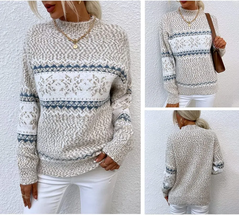 JUNBOON Womens Casual Leopard Print Knitted Pullover Sweaters Long Sleeve Crew Neck Jumper Tops