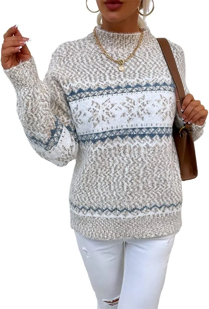 JUNBOON Womens Casual Leopard Print Knitted Pullover Sweaters Long Sleeve Crew Neck Jumper Tops