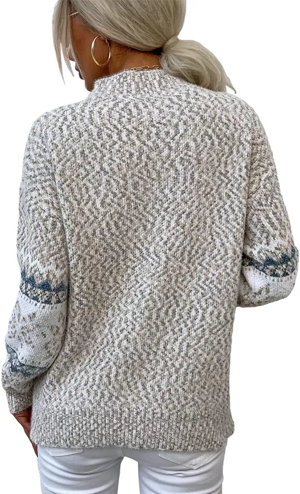 JUNBOON Womens Casual Leopard Print Knitted Pullover Sweaters Long Sleeve Crew Neck Jumper Tops