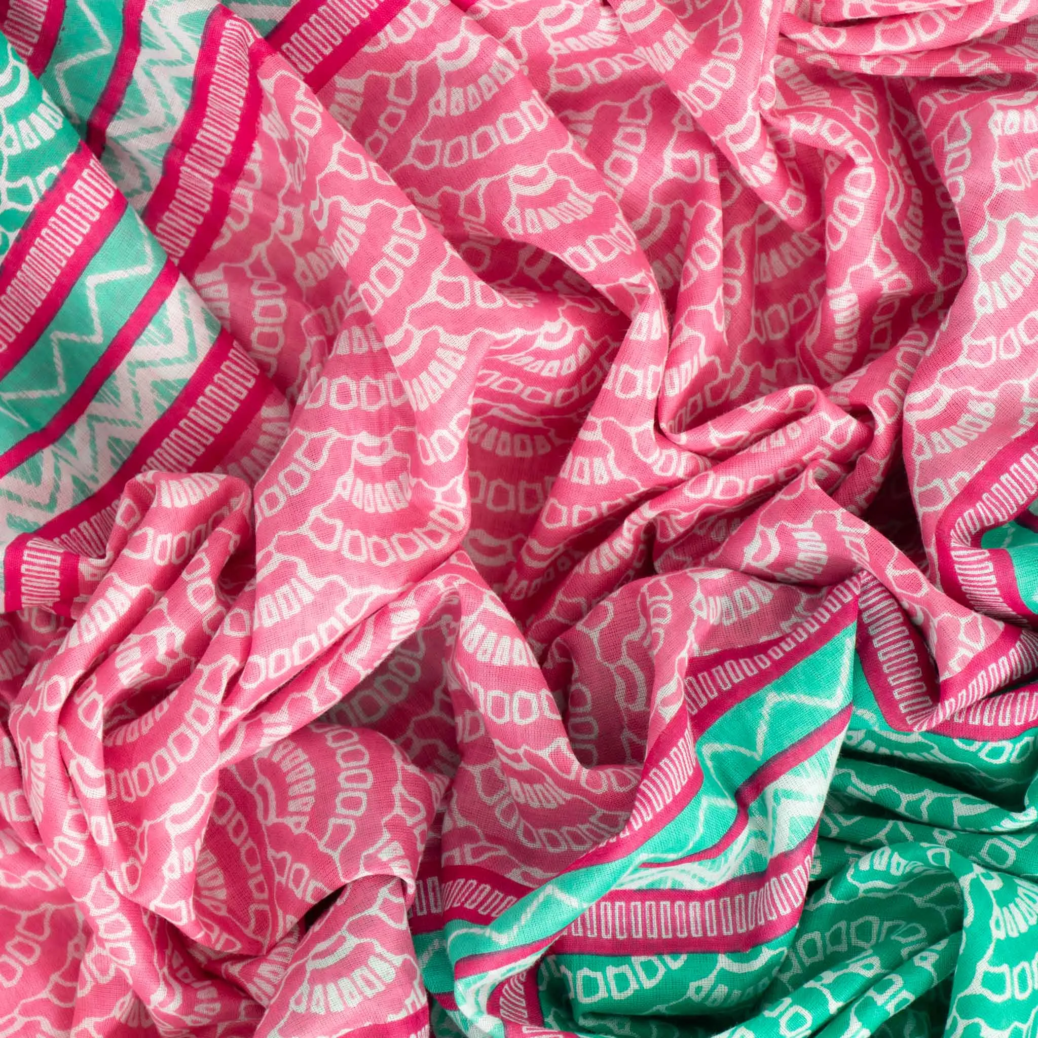 Kaia Lightweight Cotton Scarf - Green/Pink, Fan Colour Block