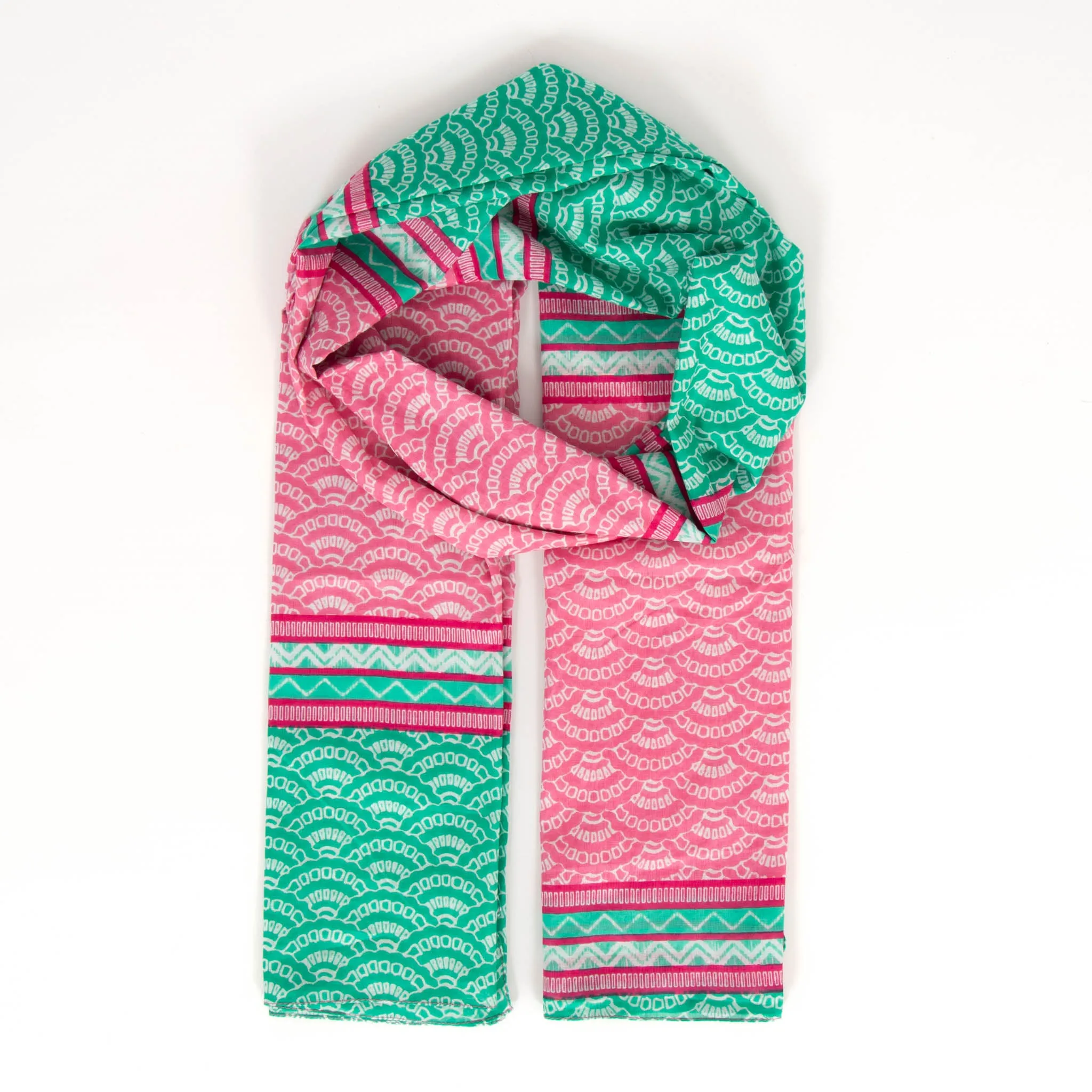 Kaia Lightweight Cotton Scarf - Green/Pink, Fan Colour Block