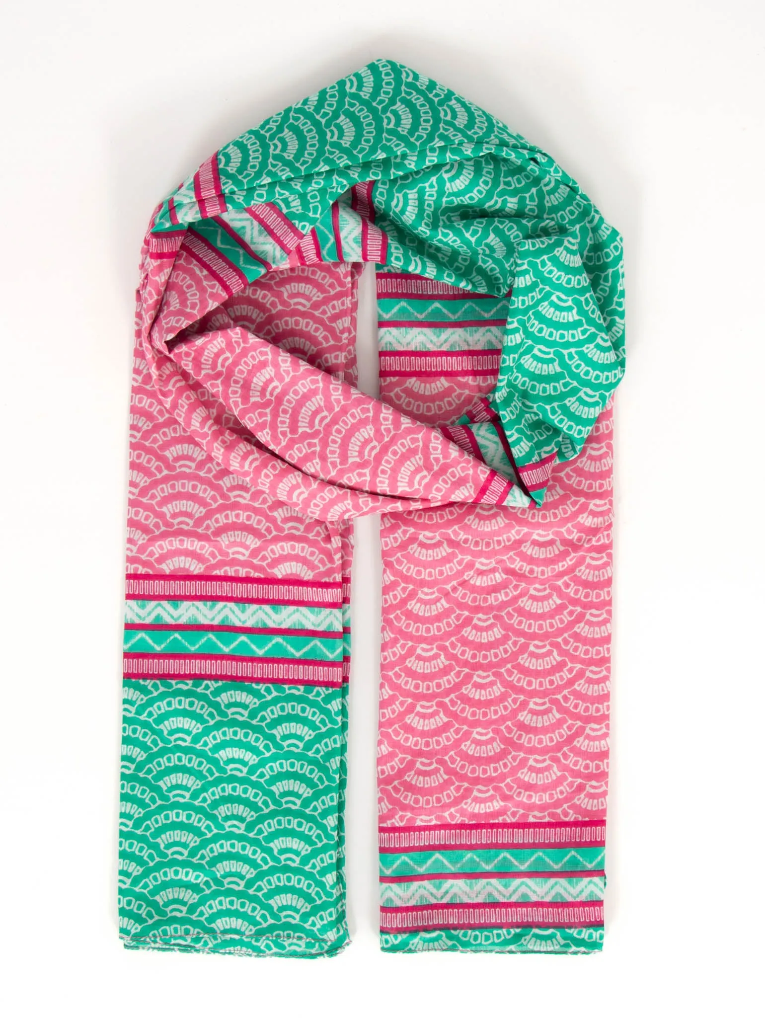 Kaia Lightweight Cotton Scarf - Green/Pink, Fan Colour Block