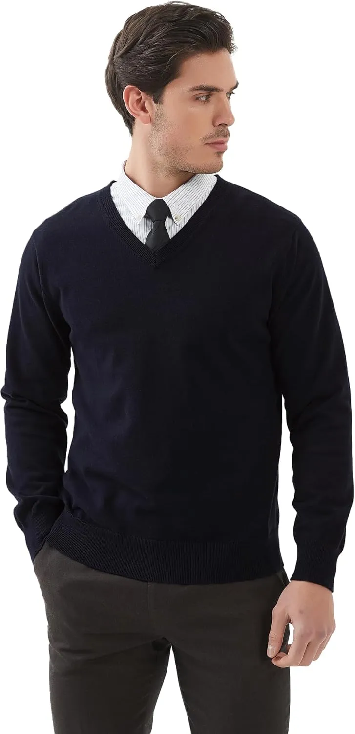 Kallspin Men's V Neck Sweater Pullover Pure Cotton Regular Fit Long Sleeve Knitting Sweaters