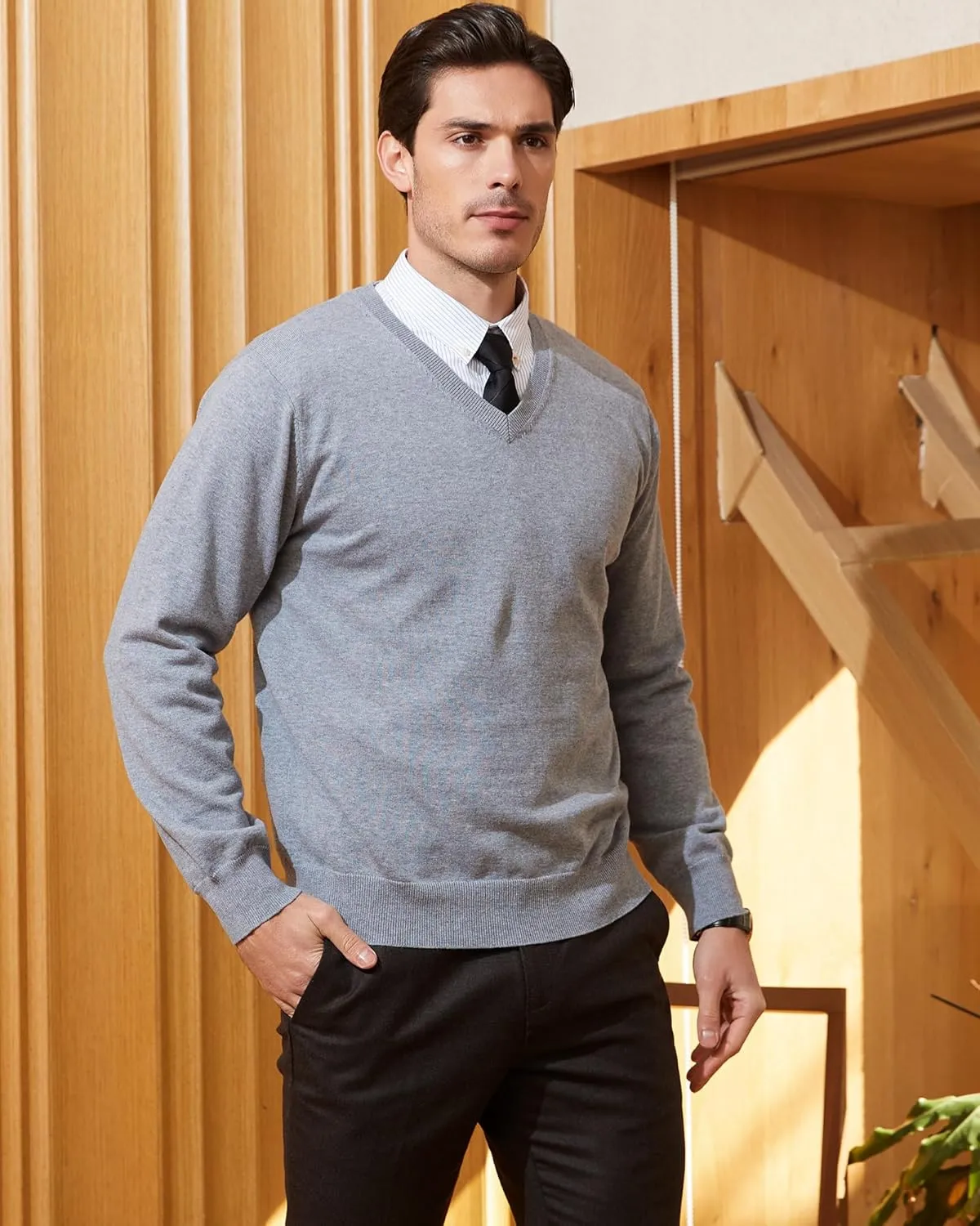 Kallspin Men's V Neck Sweater Pullover Pure Cotton Regular Fit Long Sleeve Knitting Sweaters