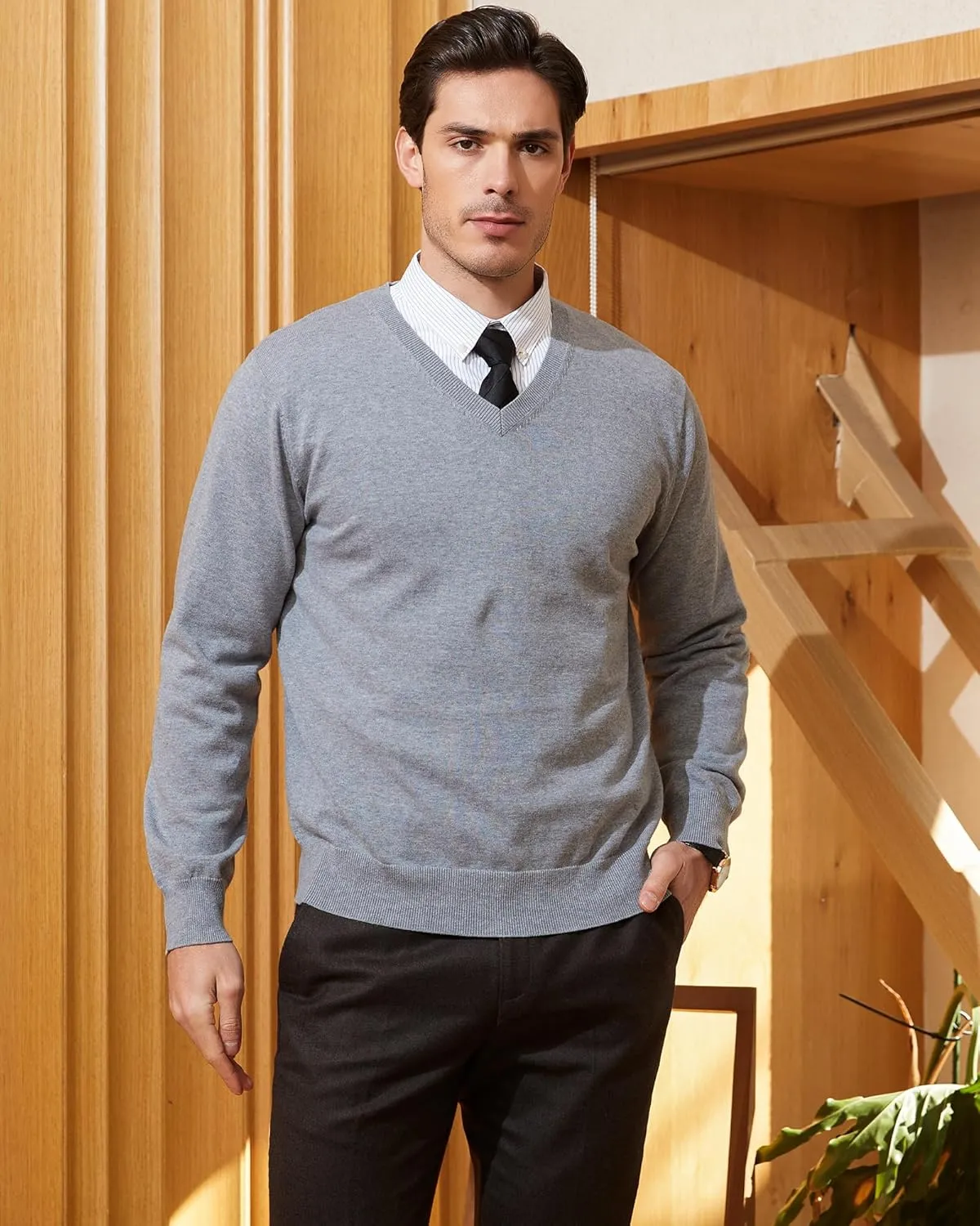 Kallspin Men's V Neck Sweater Pullover Pure Cotton Regular Fit Long Sleeve Knitting Sweaters