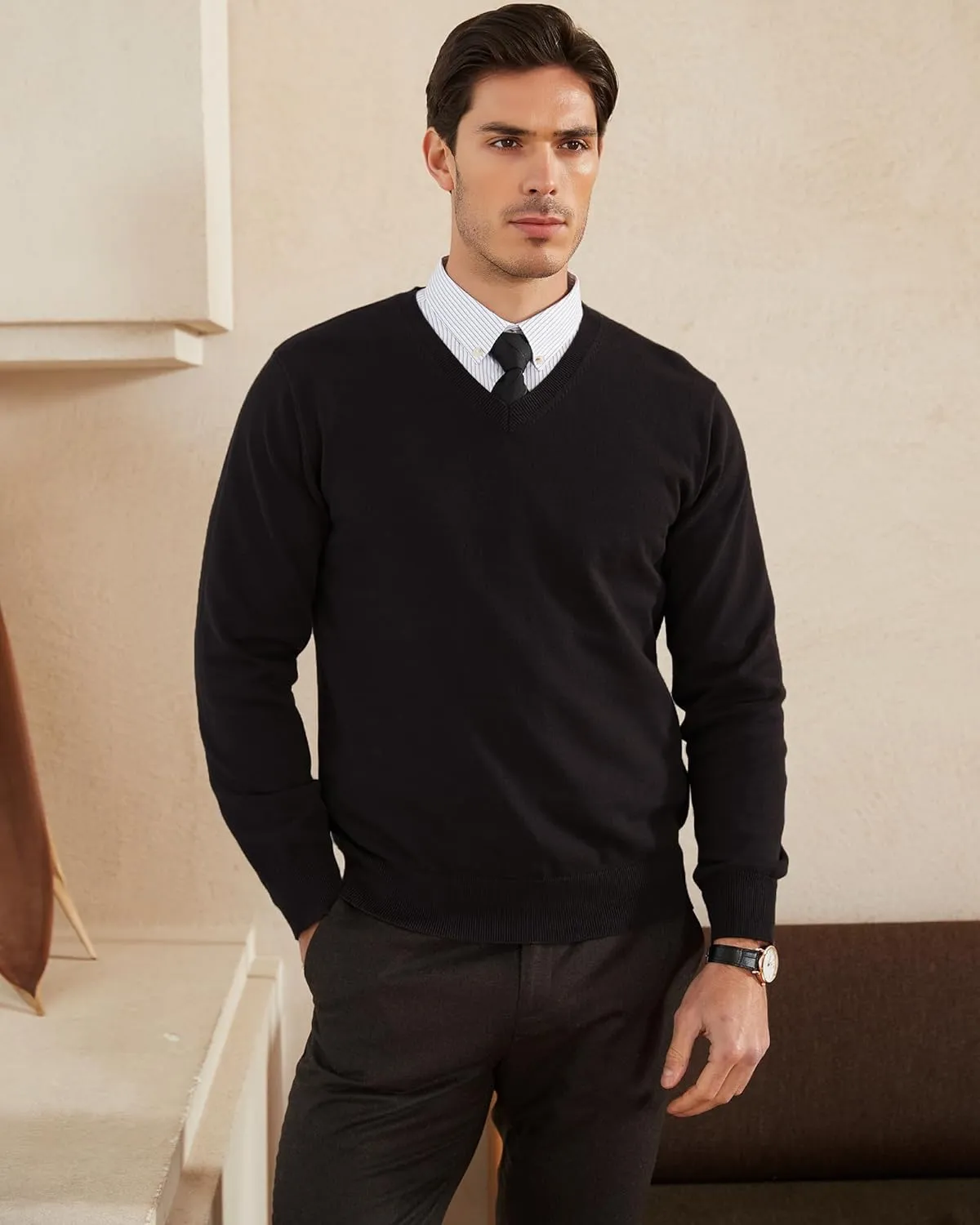 Kallspin Men's V Neck Sweater Pullover Pure Cotton Regular Fit Long Sleeve Knitting Sweaters