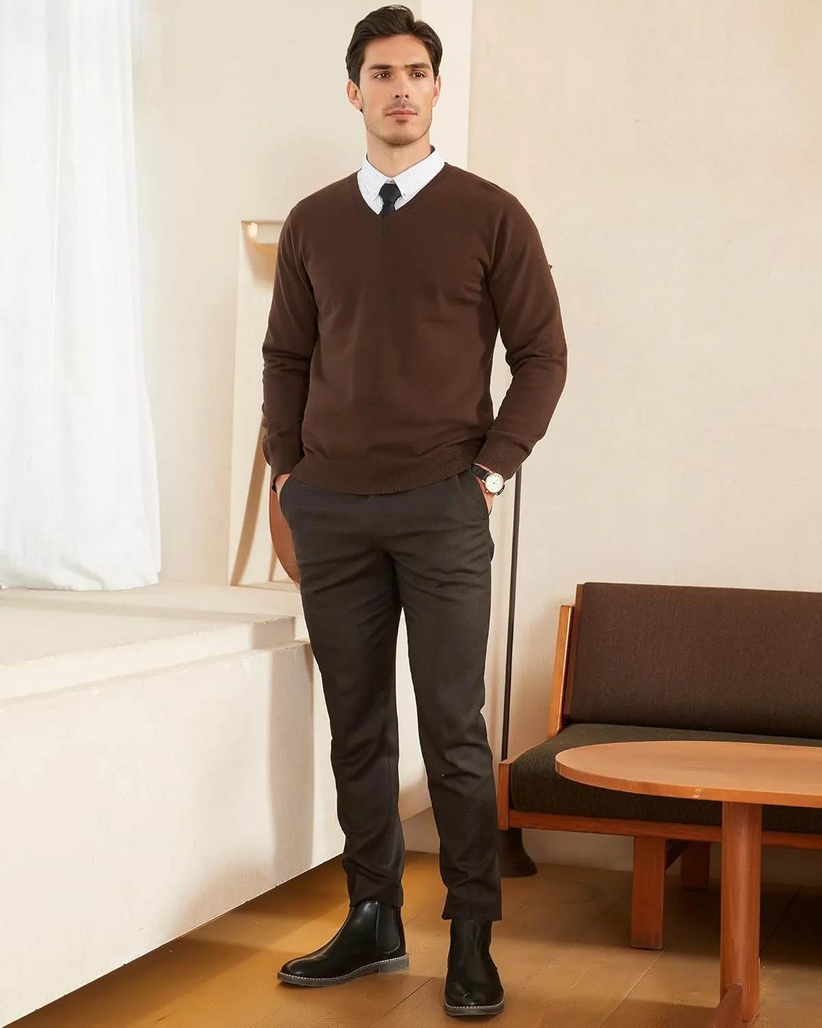 Kallspin Men's V Neck Sweater Pullover Pure Cotton Regular Fit Long Sleeve Knitting Sweaters