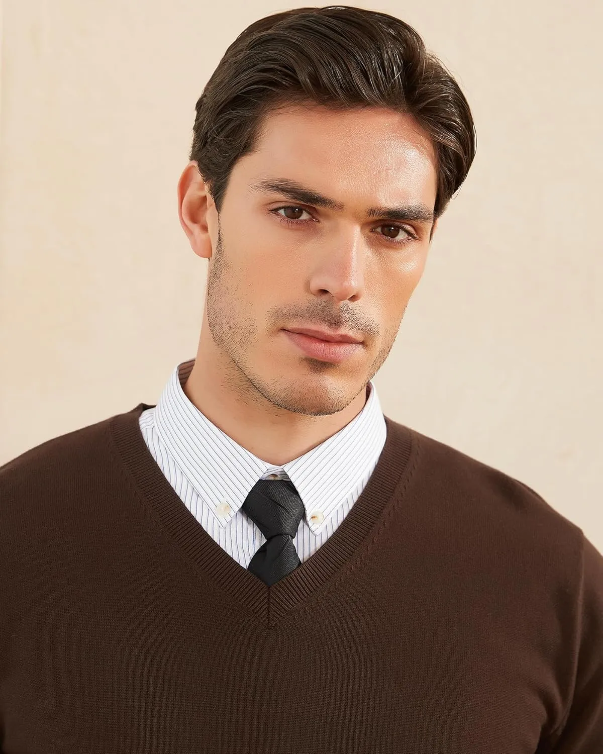 Kallspin Men's V Neck Sweater Pullover Pure Cotton Regular Fit Long Sleeve Knitting Sweaters