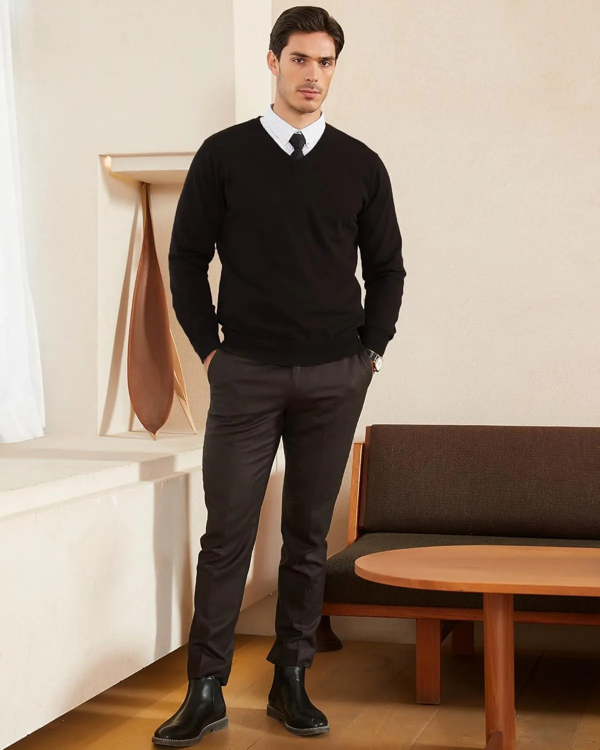 Kallspin Men's V Neck Sweater Pullover Pure Cotton Regular Fit Long Sleeve Knitting Sweaters
