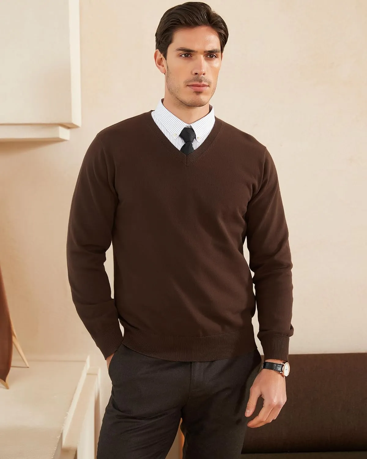 Kallspin Men's V Neck Sweater Pullover Pure Cotton Regular Fit Long Sleeve Knitting Sweaters