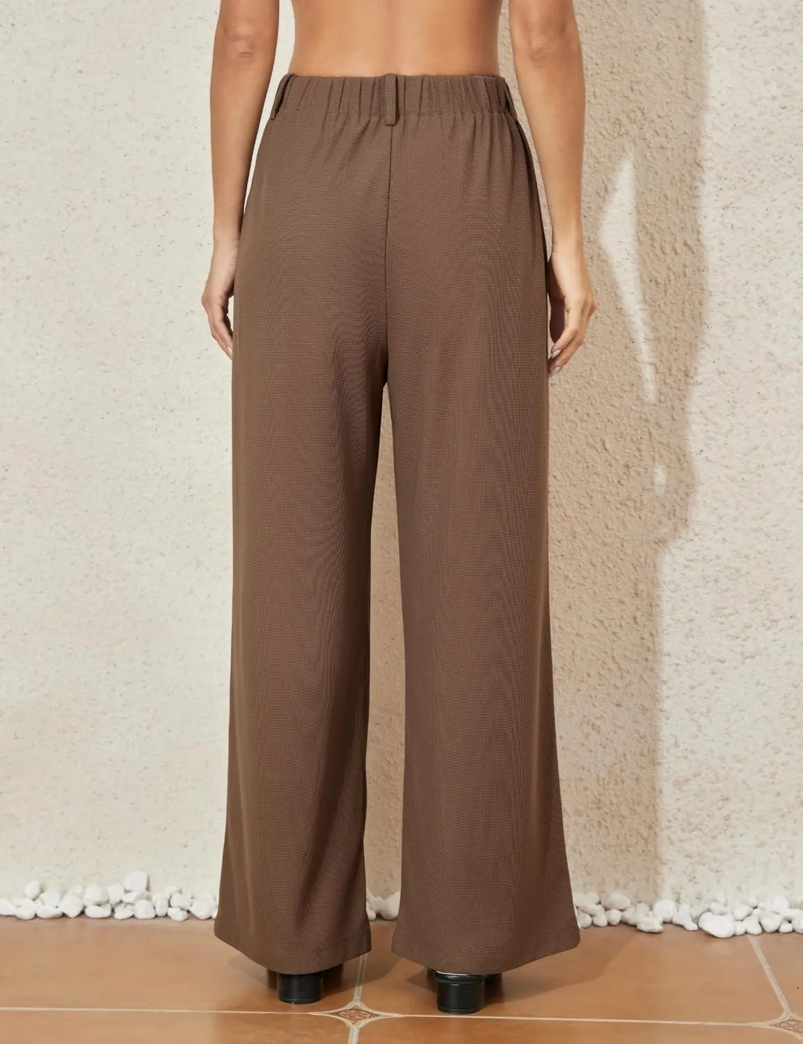 kayamiya Women's Elastic Waist Wide Leg Waffle Pants High Waisted Business Work Casual Summer Dress Trousers with Pockets