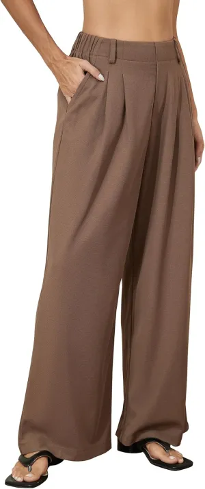 kayamiya Women's Elastic Waist Wide Leg Waffle Pants High Waisted Business Work Casual Summer Dress Trousers with Pockets