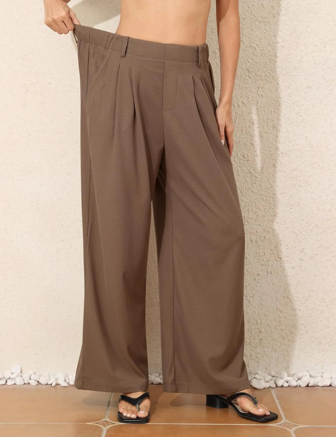 kayamiya Women's Elastic Waist Wide Leg Waffle Pants High Waisted Business Work Casual Summer Dress Trousers with Pockets