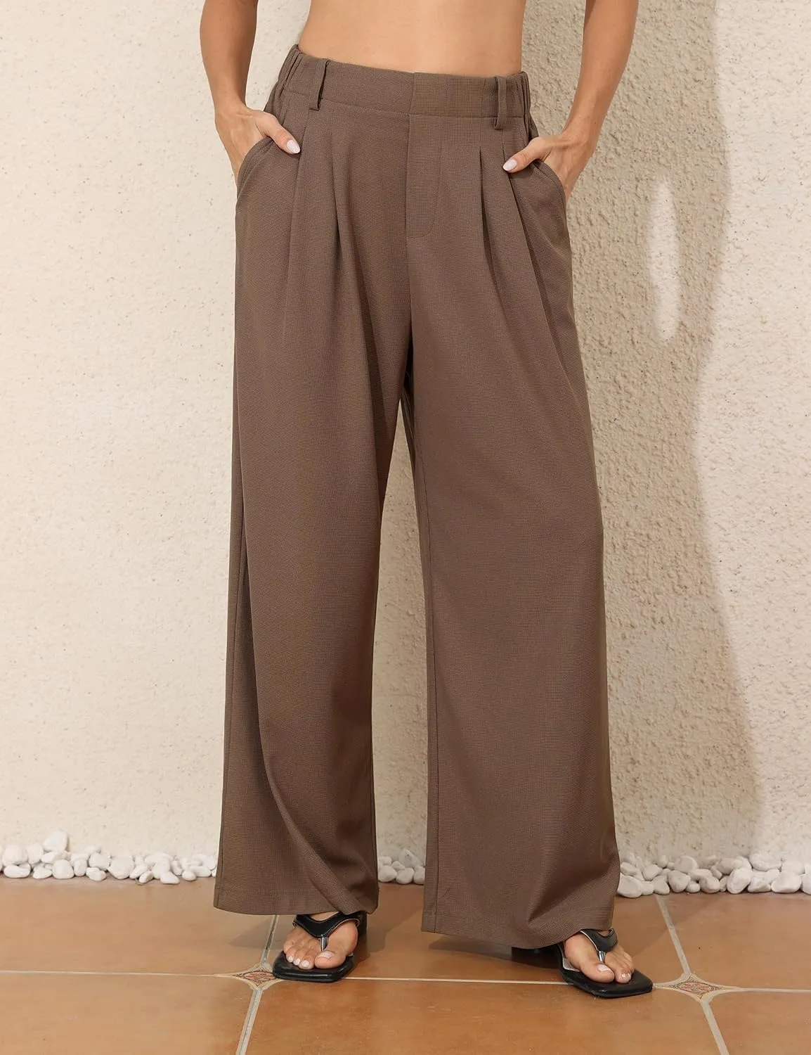 kayamiya Women's Elastic Waist Wide Leg Waffle Pants High Waisted Business Work Casual Summer Dress Trousers with Pockets