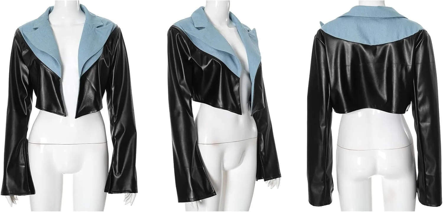 LAJIOJIO Cropped Leather JacketsWomen Long Sleeve Lapel Denim Patchwork Crop Blazer Jackets Coats 2024 Fall Winter