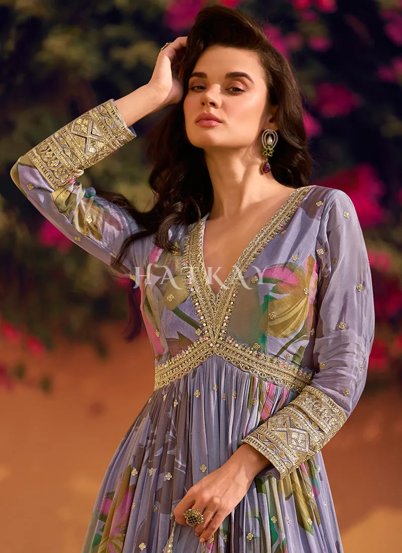 Lavender Embroidered Floral Anarkali Dress