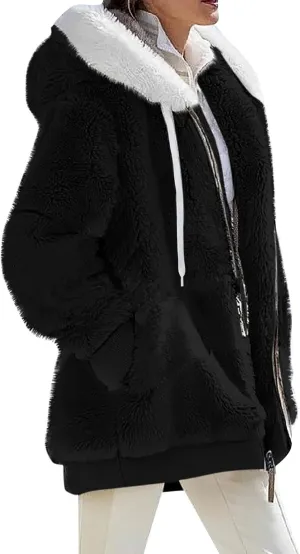 lcyhony Winter Coats for Women Sherpa Fleece Warm Comfy Zip Up Jackets Plus Size Faux Fur Hooded Outerwear with Pockets