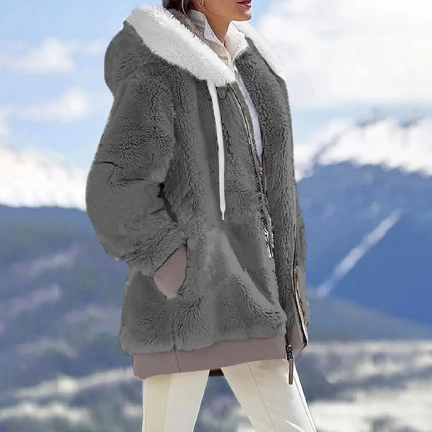 lcyhony Winter Coats for Women Sherpa Fleece Warm Comfy Zip Up Jackets Plus Size Faux Fur Hooded Outerwear with Pockets